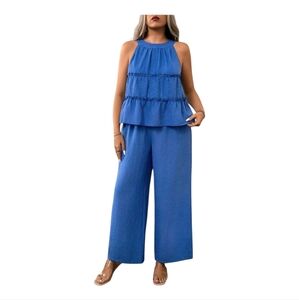Blue Sleeveless  Rufgle Tierd 2 Pie E Pants And Shirt Set